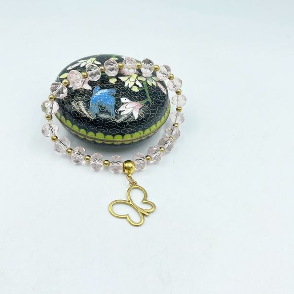 Women Pink Cristal Bracelet Beads With Metal Butterfly Gold Tone - Picture 8 of 8